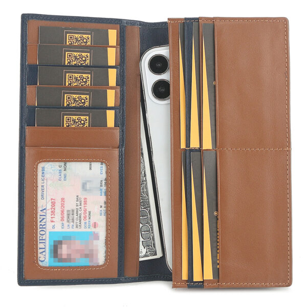 MONHINTY Men’s Slim Genuine Leather Multi Card Long Bifold Wallet Blue - Image 2