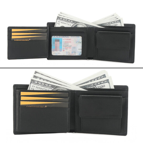 MONHINTY Mens Genuine Leather Compact Flap ID Coin Pocket Bifold Wallet With Debit Credit Card Holder Black - Image 4