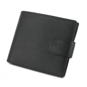 MONHINTY Mens Leather Compact Flap Coin Pocket Credit Card HolderBifold Wallet With Button Closure Black