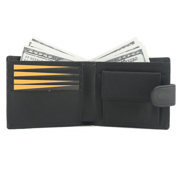 MONHINTY Mens Leather Compact Flap Coin Pocket Credit Card HolderBifold Wallet With Button Closure Black - Image 3