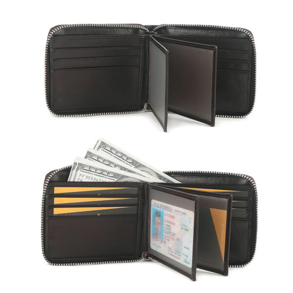 MONHINTY Men's Oiled Leather Wallet Zipper Arounded With Multi Card Slots Coffee Brown - Image 5