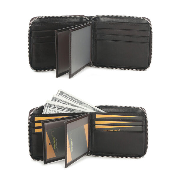 MONHINTY Men's Oiled Leather Wallet Zipper Arounded With Multi Card Slots Coffee Brown - Image 4