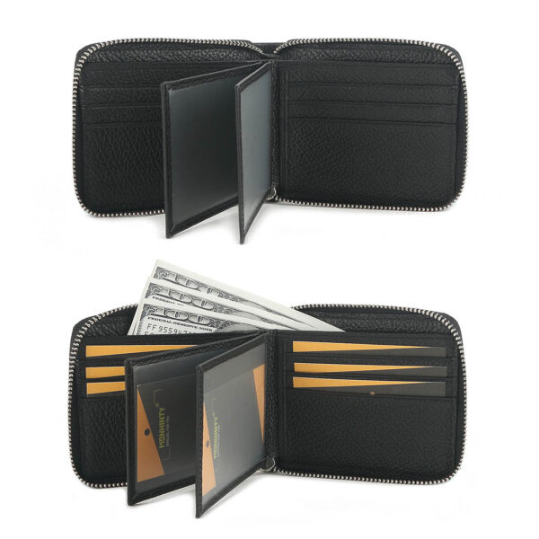 MONHINTY Men's Soft Grain Leather Wallet Zipper Arounded With Multi Card Slots Black - Image 5