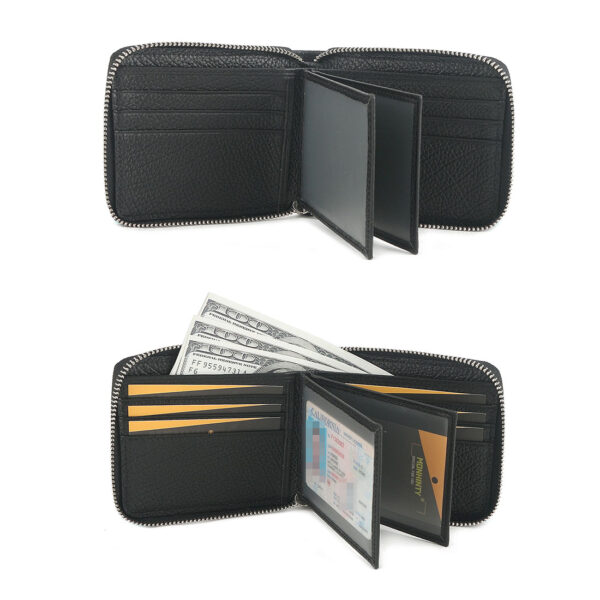 MONHINTY Men's Soft Grain Leather Wallet Zipper Arounded With Multi Card Slots Black - Image 4