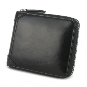 MONHINTY Men's Oiled Leather Wallet Zipper Arounded With Multi Card Slots Black