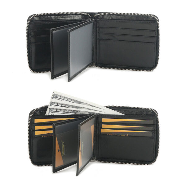 MONHINTY Men's Oiled Leather Wallet Zipper Arounded With Multi Card Slots Black - Image 5