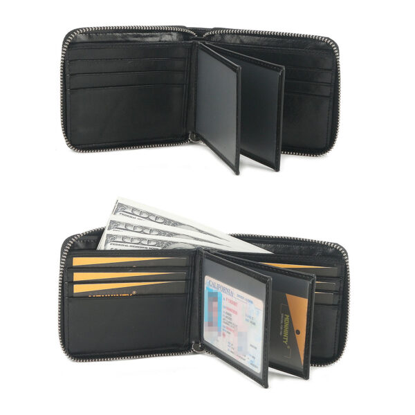 MONHINTY Men's Oiled Leather Wallet Zipper Arounded With Multi Card Slots Black - Image 4