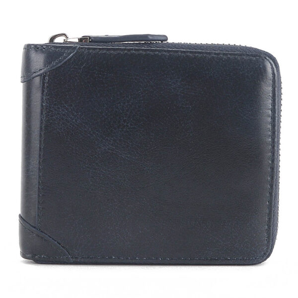MONHINTY Men's Oiled Leather Wallet Zipper Arounded With Multi Card Slots Blue - Image 2