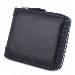 MONHINTY Men's Oiled Leather Wallet Zipper Arounded With Multi Card Slots Blue